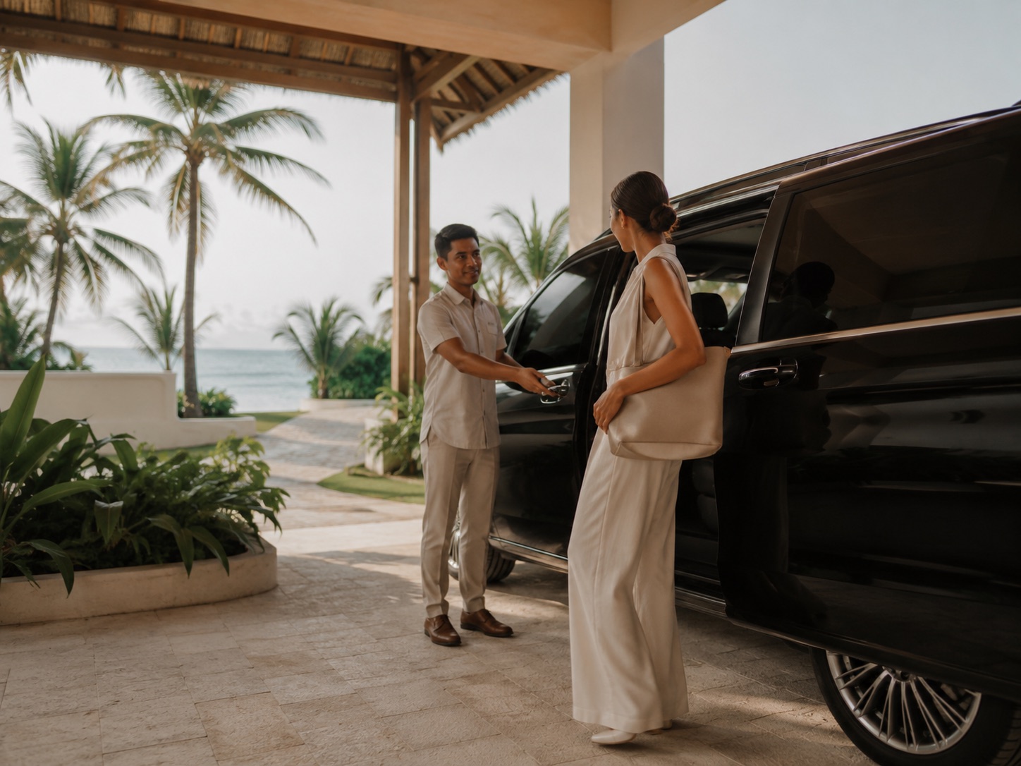 Concierge welcoming a guest at a private airport transfer under the resort porte-cochère