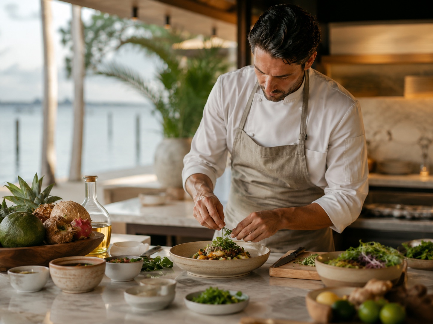 Resort chef plating a fresh wellness dish in the open kitchen